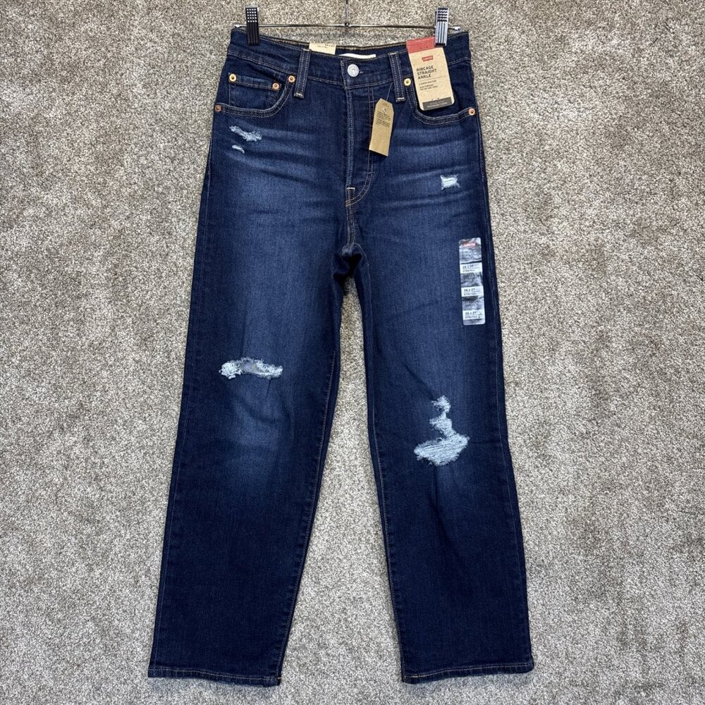 Levis Jeans Women 26x27 Blue Ribcage Straight Ankle Stretch Distressed Dark Wash